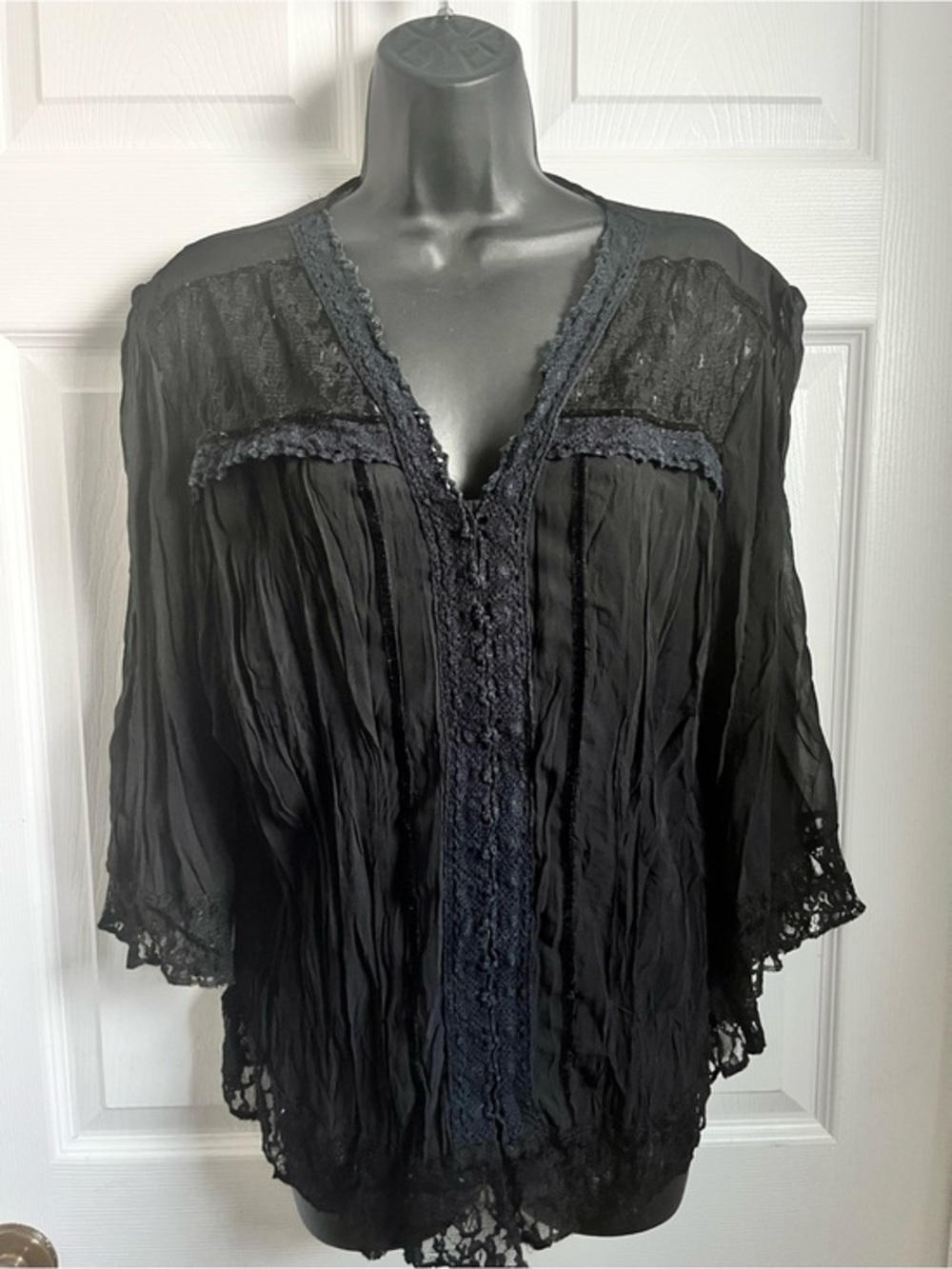 MXM Top Blouse Lace Boho Black XL 14 Women 3/4 Sleeve Sheer Grunge Goth Alt